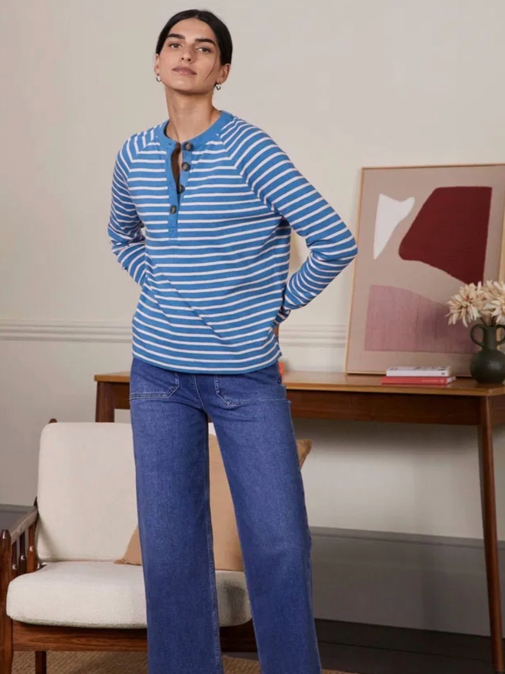 Boden Mariner Henley Blue and Pink Striped Top Long Sleeve Size 20/22